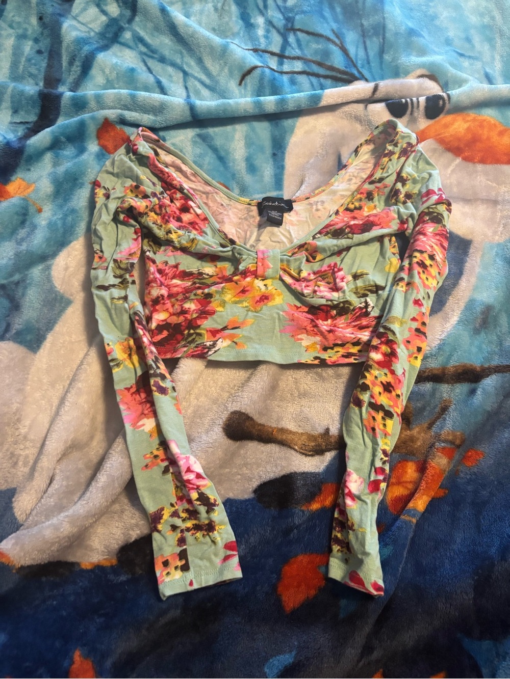 Floral Mint Green Long Sleeve Cropped Top